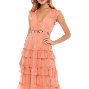 Mac Duggal Tiered Ruffle Chiffon Midi Dress